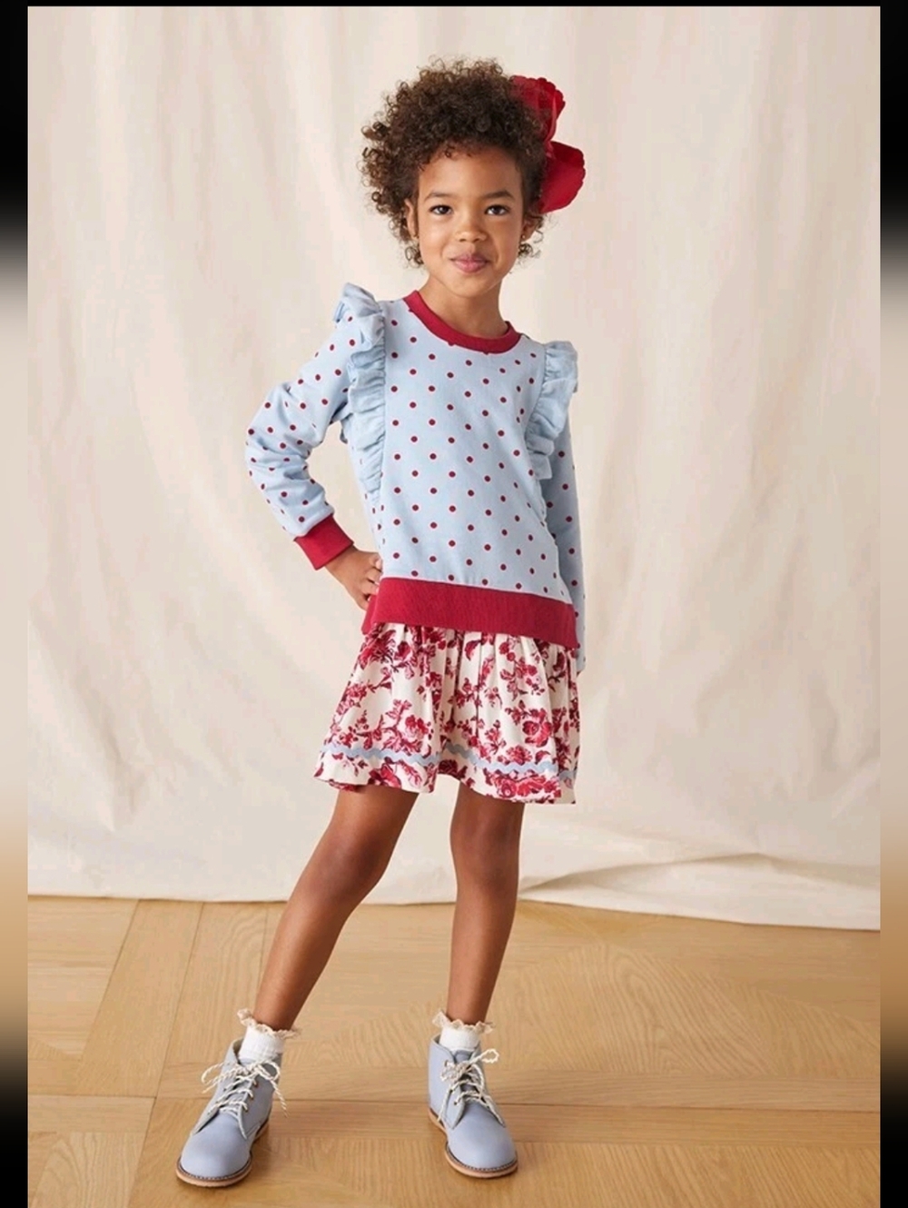 Matilda Jane Girls Light Blue & Red Polka Dot Ruffle Sweater